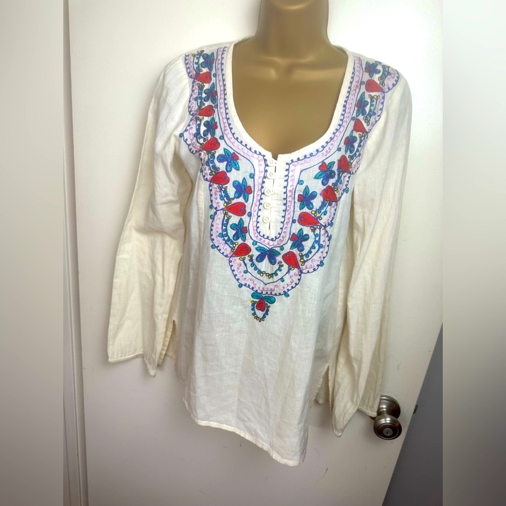 Rip Curl Cream Y2K Vintage Embroidered Heart Floral Boho‎ Lightweight Shirt M